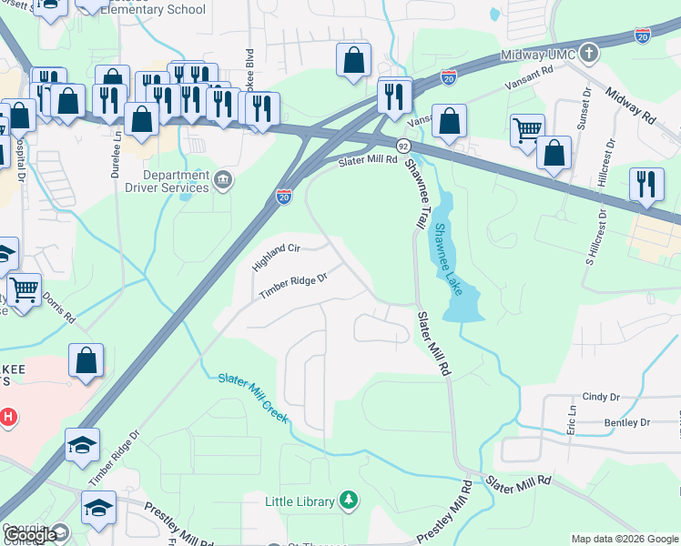 map of restaurants, bars, coffee shops, grocery stores, and more near 4400 Timber Ridge Drive in Douglasville