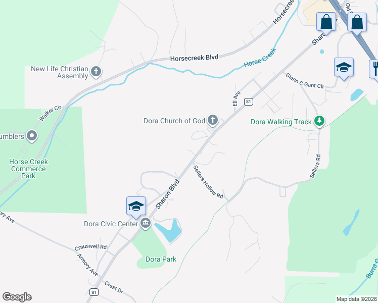 map of restaurants, bars, coffee shops, grocery stores, and more near 37-43 McCrary Circle in Dora