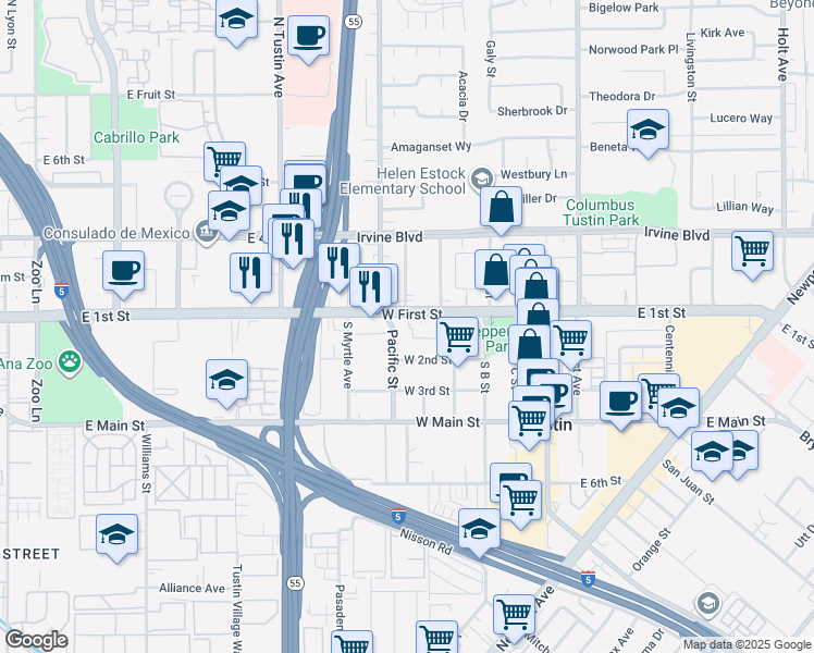 map of restaurants, bars, coffee shops, grocery stores, and more near 600 West First Street in Tustin