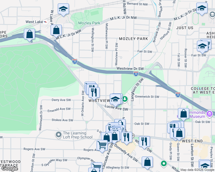 map of restaurants, bars, coffee shops, grocery stores, and more near 349 Mathewson Place Southwest in Atlanta