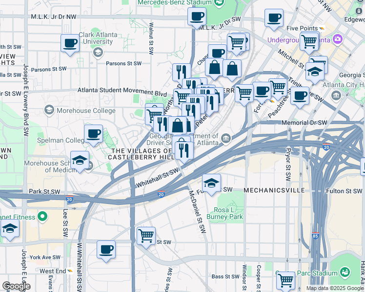 map of restaurants, bars, coffee shops, grocery stores, and more near 346 Peters Street Southwest in Atlanta