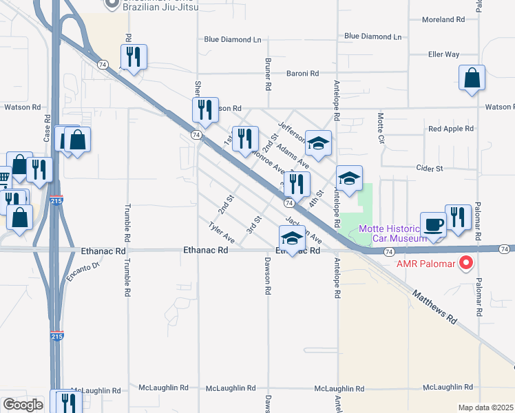 map of restaurants, bars, coffee shops, grocery stores, and more near 27702 Van Buren Avenue in Romoland