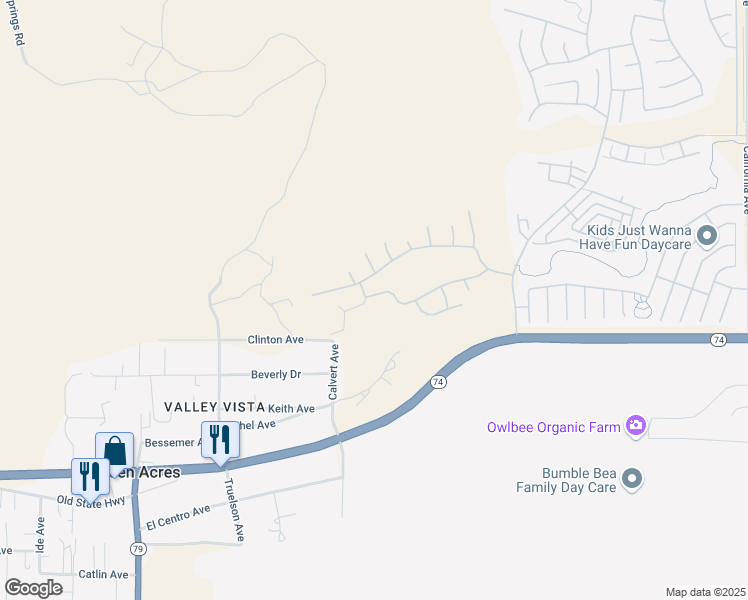 map of restaurants, bars, coffee shops, grocery stores, and more near 130 Lopez Way in Hemet