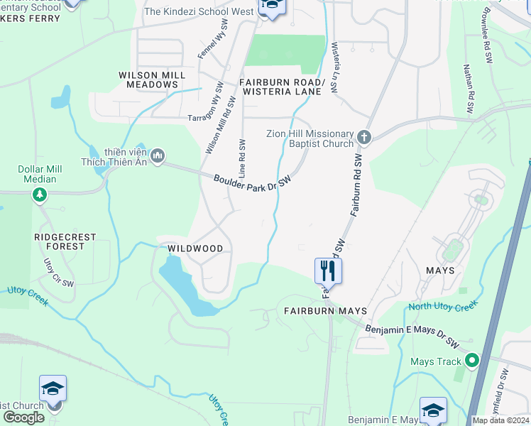 map of restaurants, bars, coffee shops, grocery stores, and more near 405 Fairburn Road Southwest in Atlanta