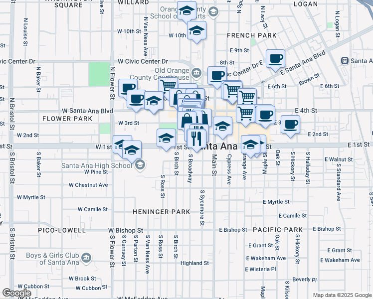 map of restaurants, bars, coffee shops, grocery stores, and more near 102 South Broadway in Santa Ana