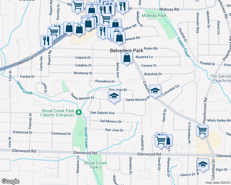 map of restaurants, bars, coffee shops, grocery stores, and more near 3043 San Juan Dr in Decatur