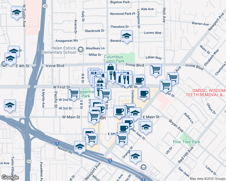 map of restaurants, bars, coffee shops, grocery stores, and more near in Tustin