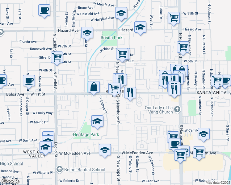 map of restaurants, bars, coffee shops, grocery stores, and more near 2 West 1st Street in Santa Ana