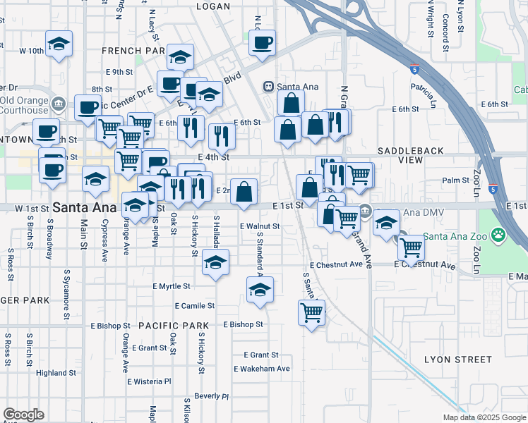 map of restaurants, bars, coffee shops, grocery stores, and more near 1004 East First Street in Santa Ana
