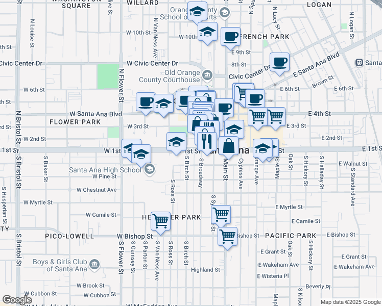 map of restaurants, bars, coffee shops, grocery stores, and more near 101 South Birch Street in Santa Ana