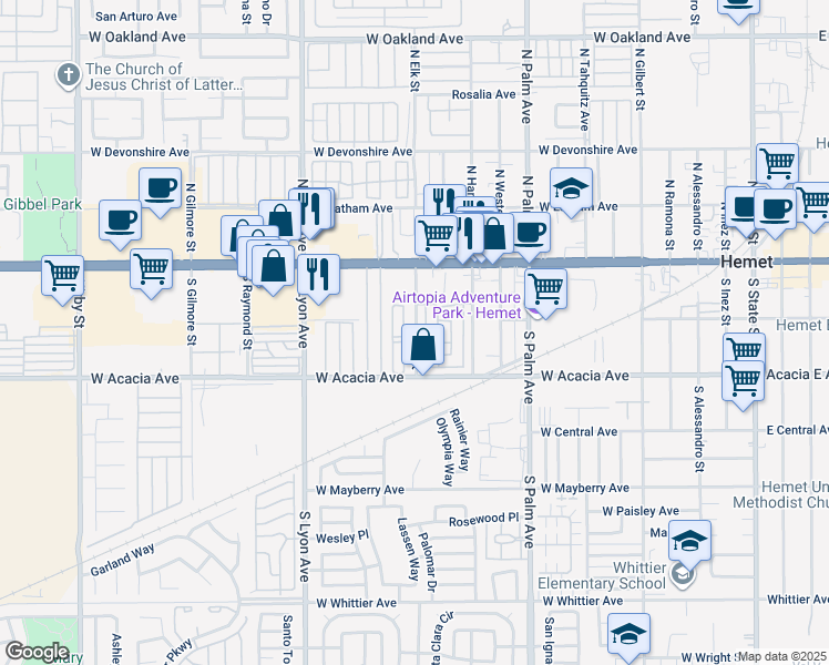 map of restaurants, bars, coffee shops, grocery stores, and more near 9 South Elk Street in Hemet