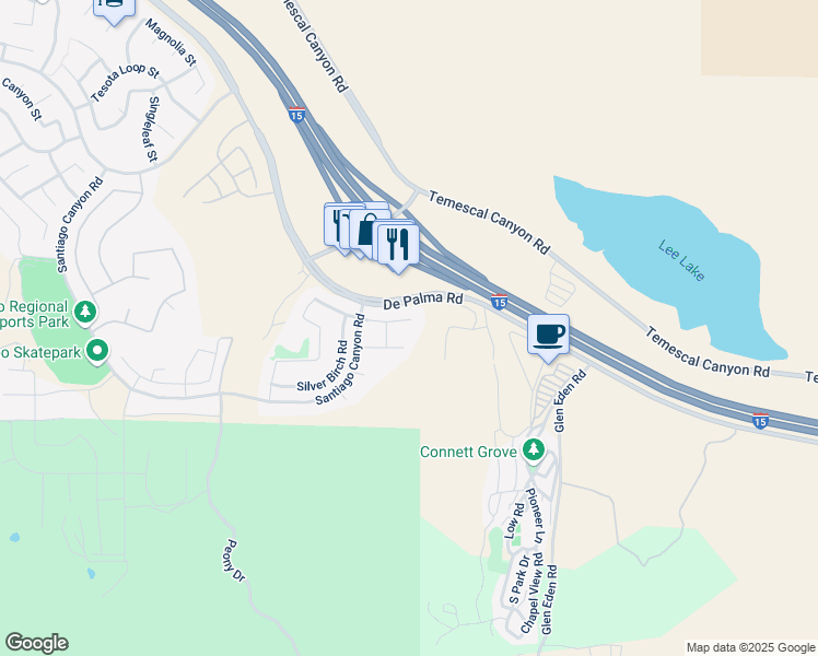 map of restaurants, bars, coffee shops, grocery stores, and more near 11951 Bunting Circle in Corona