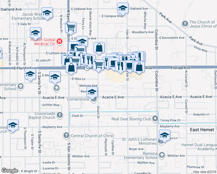 map of restaurants, bars, coffee shops, grocery stores, and more near 40589 Melrose Avenue in Hemet