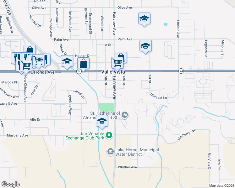 map of restaurants, bars, coffee shops, grocery stores, and more near 25928 Fairview Avenue in Hemet