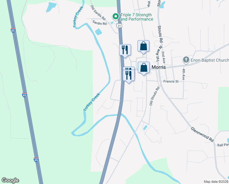 map of restaurants, bars, coffee shops, grocery stores, and more near 7990 Country Creek Drive in Morris