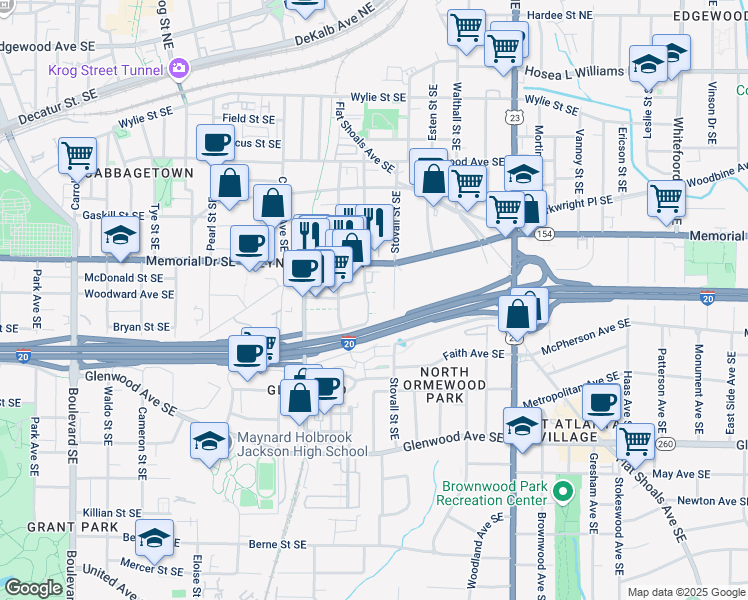 map of restaurants, bars, coffee shops, grocery stores, and more near 332 Gibson Street Southeast in Atlanta