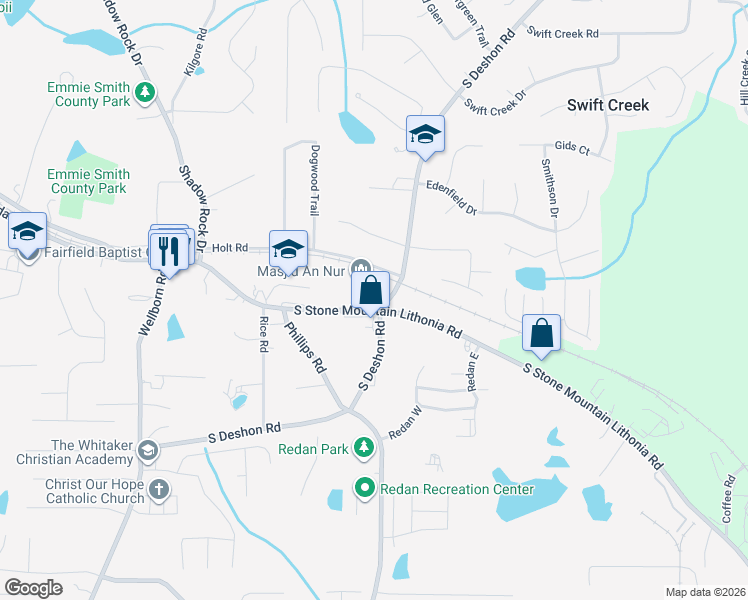 map of restaurants, bars, coffee shops, grocery stores, and more near 1963 South Stone Mountain Lithonia Road in Lithonia