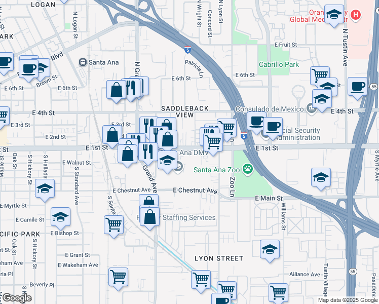 map of restaurants, bars, coffee shops, grocery stores, and more near 1540 East First Street in Santa Ana