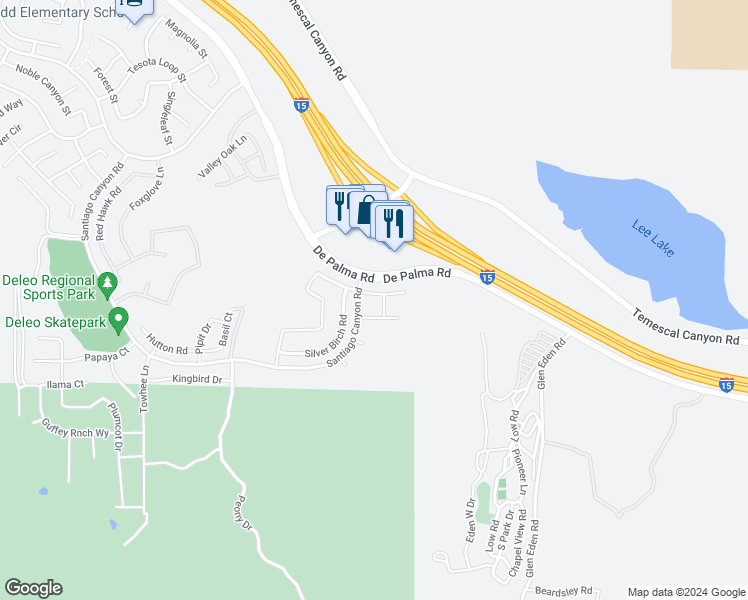 map of restaurants, bars, coffee shops, grocery stores, and more near 11879 Bunting Circle in Corona