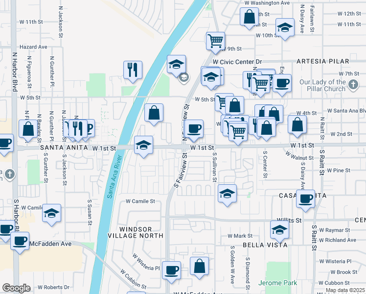 map of restaurants, bars, coffee shops, grocery stores, and more near West 1st Street & North Fairview Street in Santa Ana