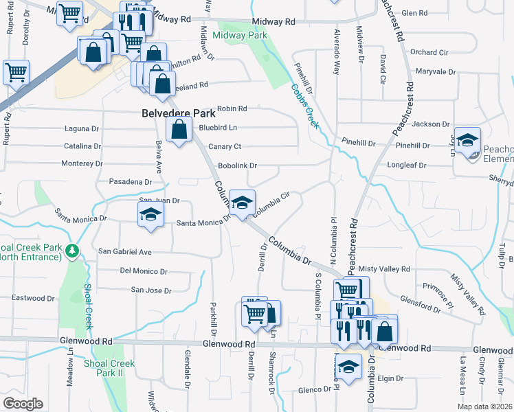 map of restaurants, bars, coffee shops, grocery stores, and more near 1520 Columbia Circle in Decatur