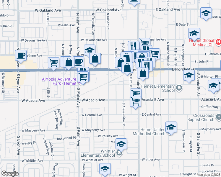 map of restaurants, bars, coffee shops, grocery stores, and more near 210 South Gilbert Street in Hemet