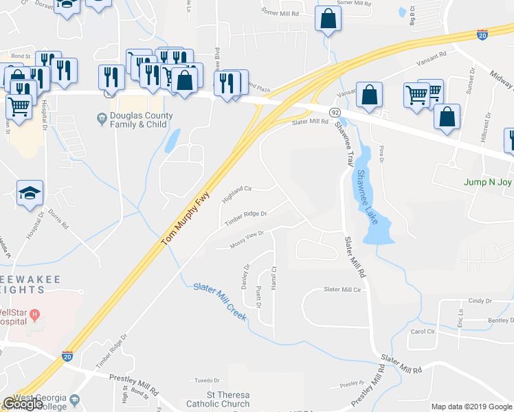 map of restaurants, bars, coffee shops, grocery stores, and more near 4453 Timber Ridge Drive in Douglasville