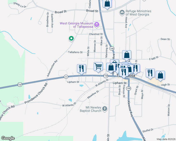 map of restaurants, bars, coffee shops, grocery stores, and more near 174 Lyon Street in Tallapoosa