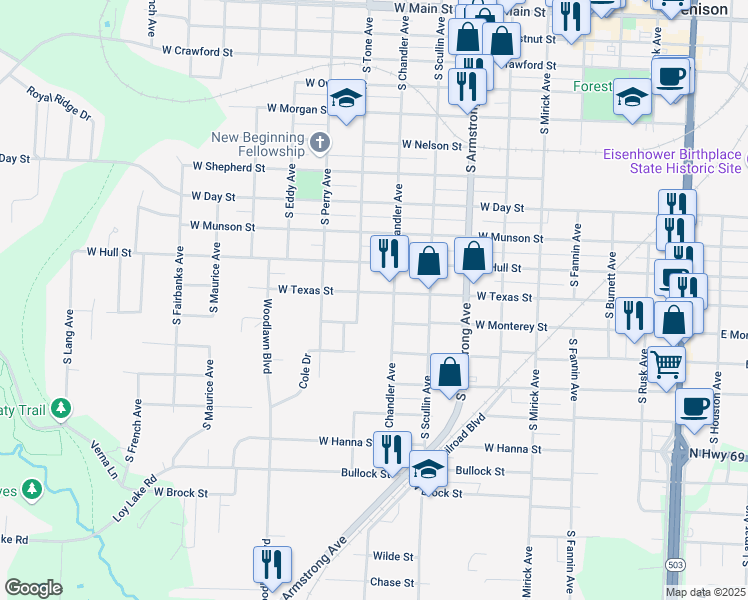 map of restaurants, bars, coffee shops, grocery stores, and more near 1018 West Texas Street in Denison