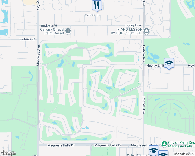 map of restaurants, bars, coffee shops, grocery stores, and more near 34 Maximo Way in Palm Desert