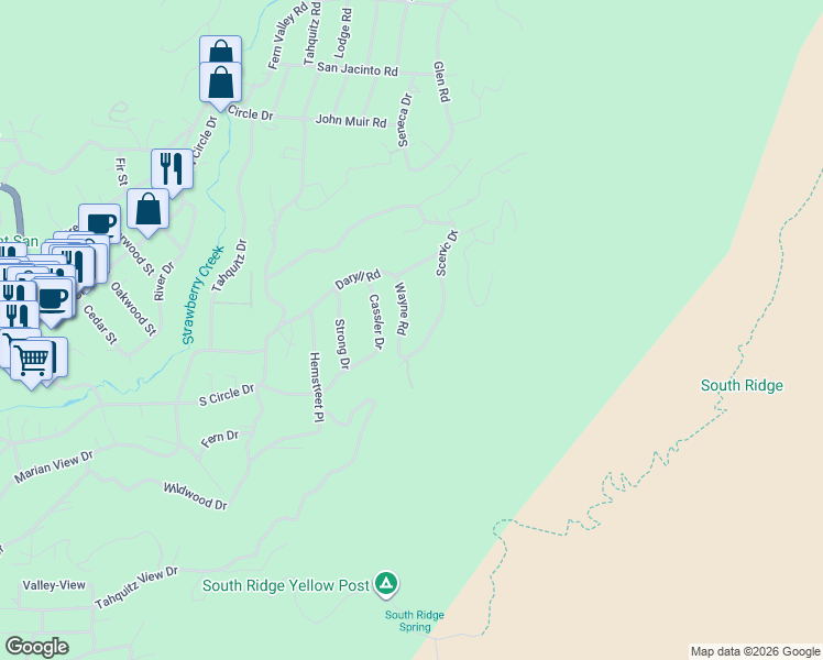 map of restaurants, bars, coffee shops, grocery stores, and more near 25900 Wayne Road in Idyllwild-Pine Cove
