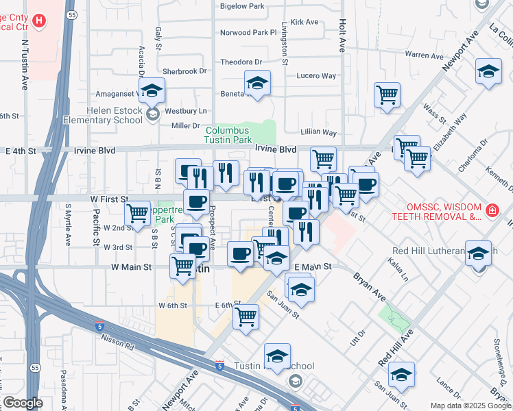 map of restaurants, bars, coffee shops, grocery stores, and more near 440 East 1st Street in Tustin