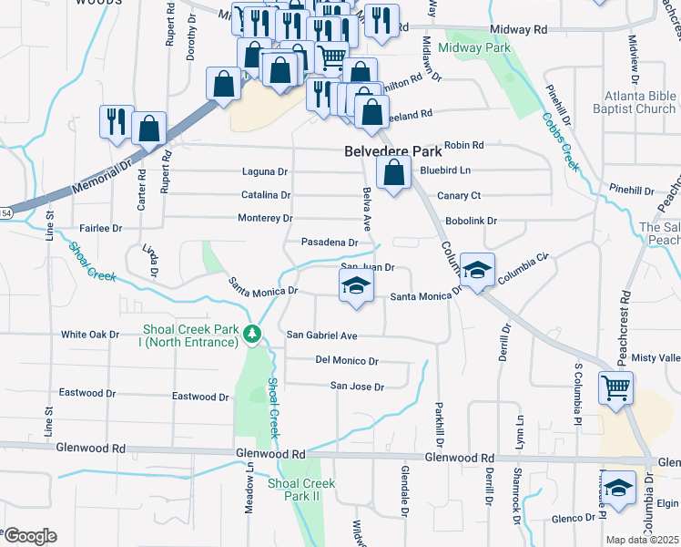 map of restaurants, bars, coffee shops, grocery stores, and more near 3021 San Juan Drive in Decatur