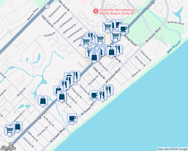map of restaurants, bars, coffee shops, grocery stores, and more near 406 75th Avenue North in Myrtle Beach