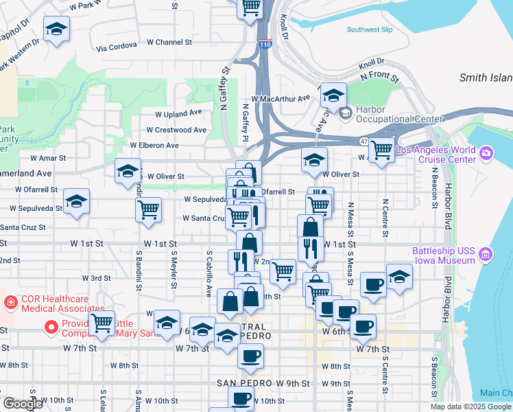 map of restaurants, bars, coffee shops, grocery stores, and more near 670 West Sepulveda Street in Los Angeles
