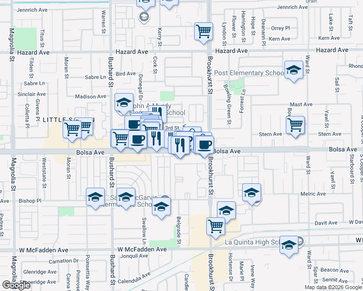 map of restaurants, bars, coffee shops, grocery stores, and more near 9851 Bolsa Avenue in Westminster