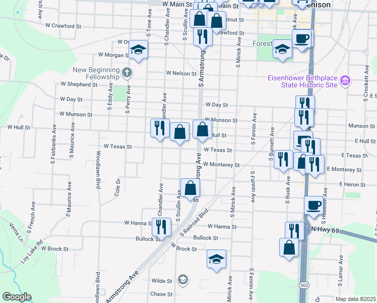 map of restaurants, bars, coffee shops, grocery stores, and more near 818B West Texas Street in Denison