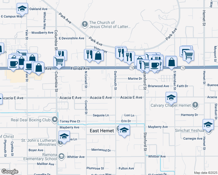 map of restaurants, bars, coffee shops, grocery stores, and more near 25929 Baylor Way in Hemet