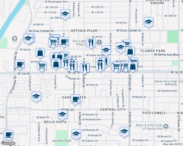 map of restaurants, bars, coffee shops, grocery stores, and more near 1715 West 1st Street in Santa Ana