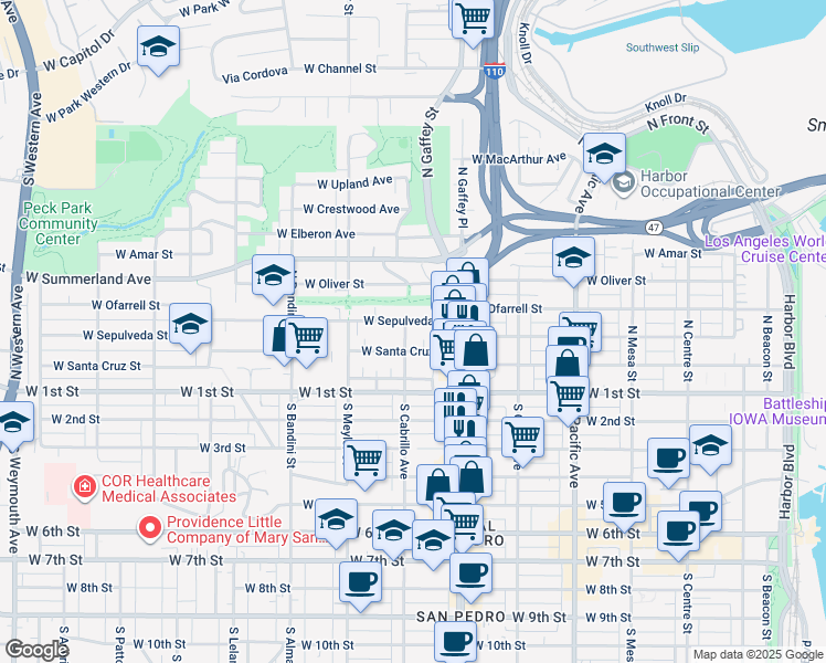 map of restaurants, bars, coffee shops, grocery stores, and more near 787 West Sepulveda Street in Los Angeles