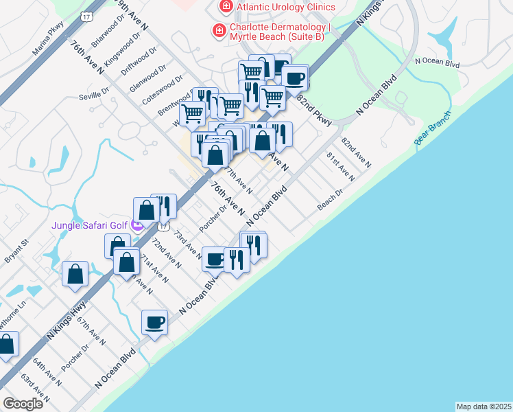 map of restaurants, bars, coffee shops, grocery stores, and more near 307 77th Avenue North in Myrtle Beach