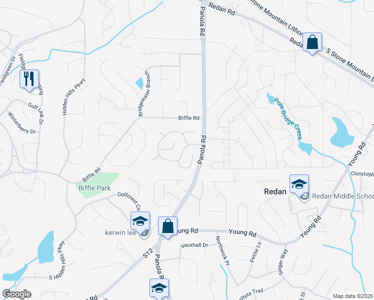 map of restaurants, bars, coffee shops, grocery stores, and more near 5431 Biffle Downs Road in Stone Mountain