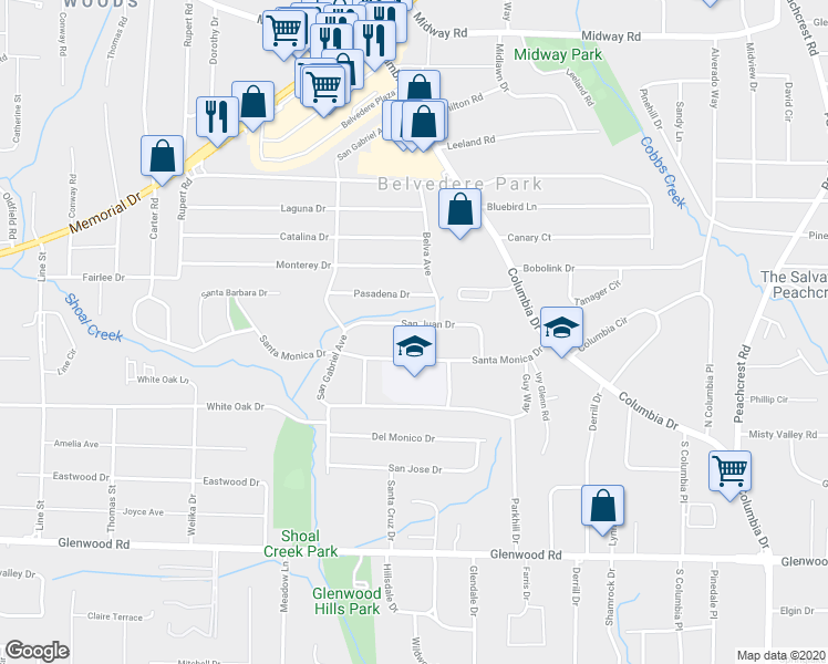 map of restaurants, bars, coffee shops, grocery stores, and more near 3043 San Juan Drive in Decatur