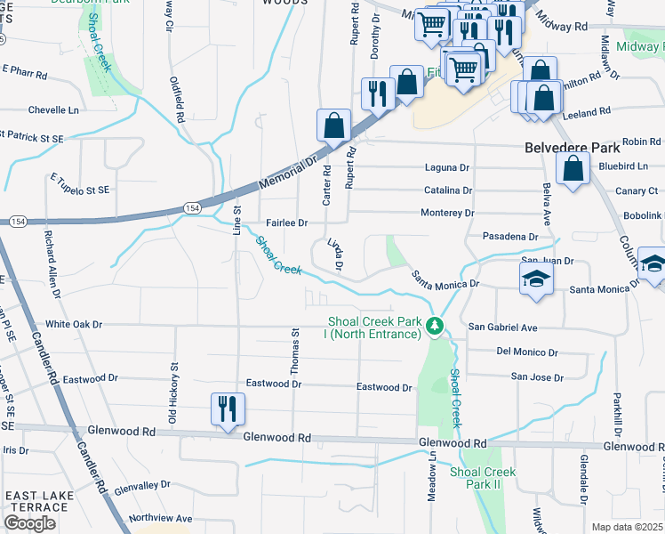 map of restaurants, bars, coffee shops, grocery stores, and more near 1625 Linda Drive in Decatur