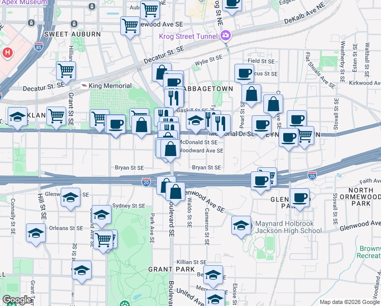 map of restaurants, bars, coffee shops, grocery stores, and more near 652 Woodward Avenue Southeast in Atlanta