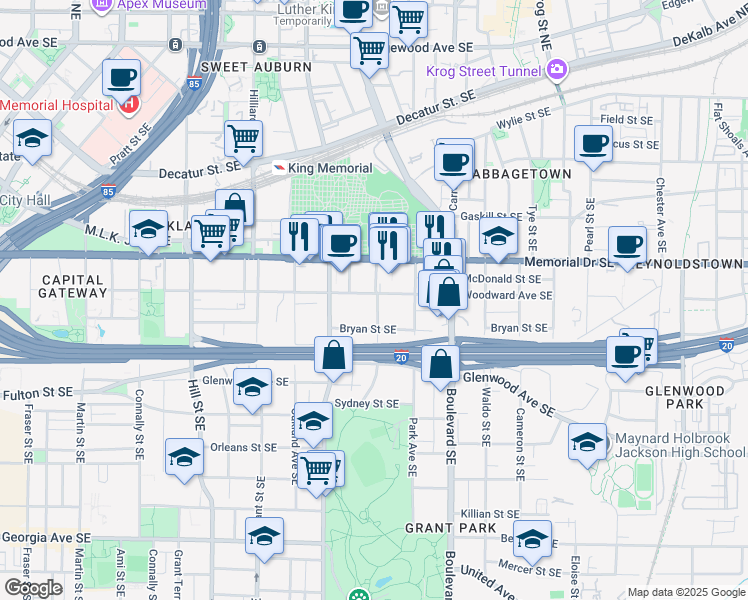 map of restaurants, bars, coffee shops, grocery stores, and more near 471 Woodward Avenue Southeast in Atlanta