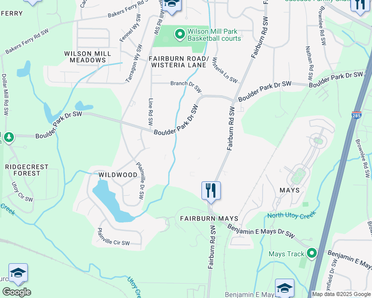 map of restaurants, bars, coffee shops, grocery stores, and more near 405 Fairburn Road Southwest in Atlanta