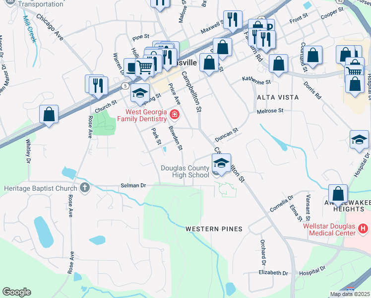 map of restaurants, bars, coffee shops, grocery stores, and more near 8660 Bowden Street in Douglasville