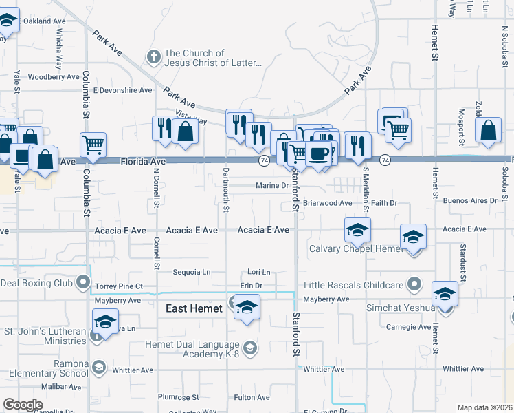 map of restaurants, bars, coffee shops, grocery stores, and more near 25924 Casa Loma Court in Hemet