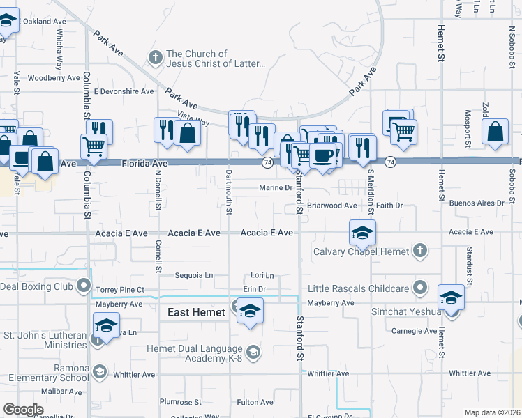 map of restaurants, bars, coffee shops, grocery stores, and more near 25924 Casa Loma Court in Hemet